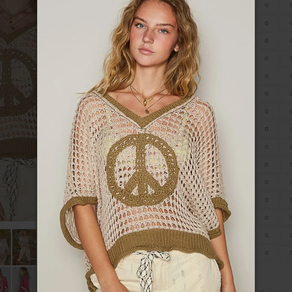 POL “ Barcelona 3” POL Open Knit Thin Summer Sweater with Peace detail SR5